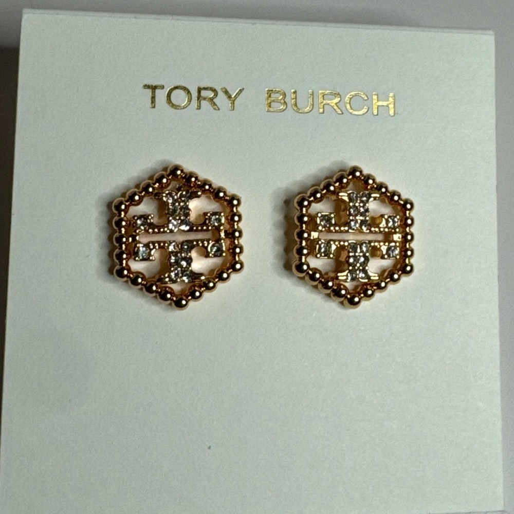 Tory Burch New Hex Pavé Rose Gold Stud Earrings in rose gold-tone brass - Picture 4 of 8